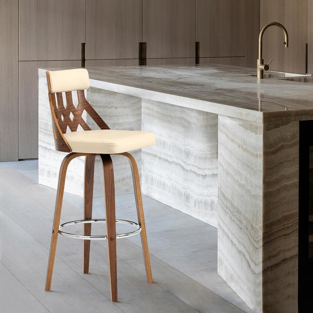 Armen Living Crux 30 in. Bar Height High Back Swivel Bar Stool in Cream Faux Leather and Walnut Wood LCCXBAWACR30