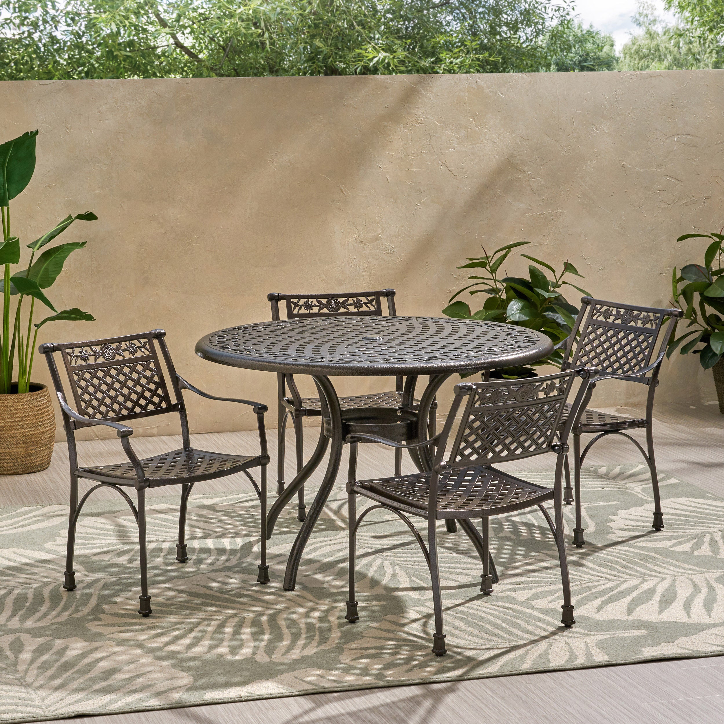 Mikell Traditional Outdoor Aluminum 5 Piece Dining Set with Round Table