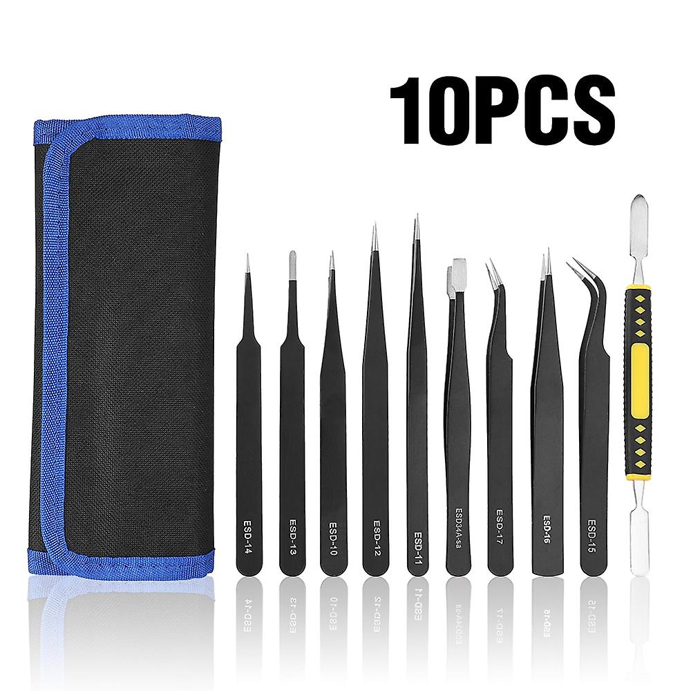 10pcs Anti-static Esd Stainless Steel Tweezers Maintenance Tools Industrial Precision Curved Straight Tweezers Repair Tools