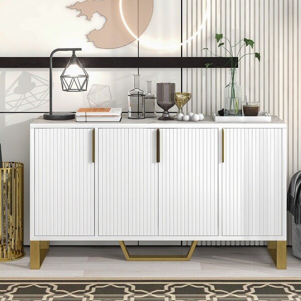 Modern sideboard with Four Doors， Metal handles and Legs and Adjustable Shelves Kitchen Cabinet