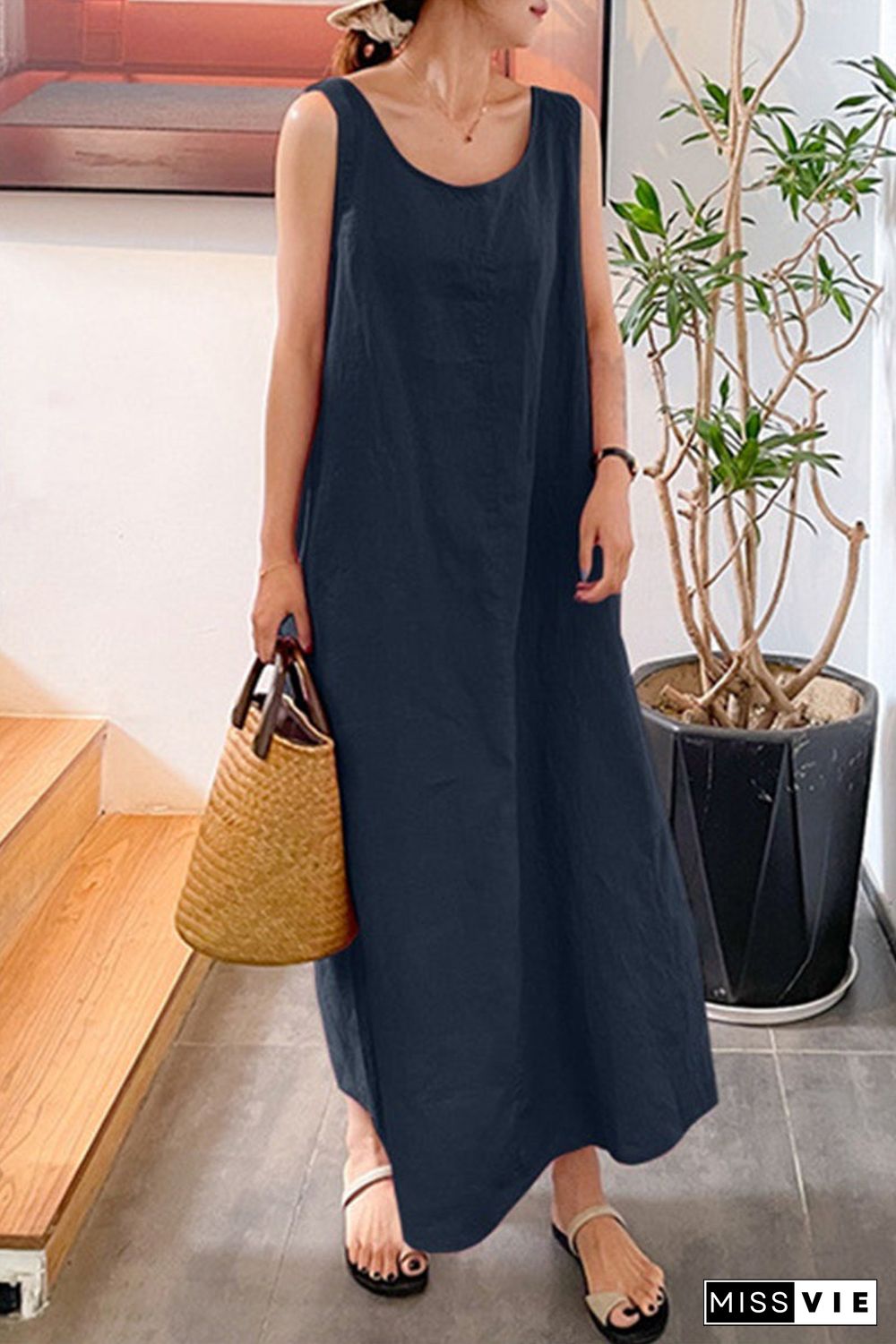 Casual Simplicity Solid Pocket O Neck Sleeveless Dress Dresses