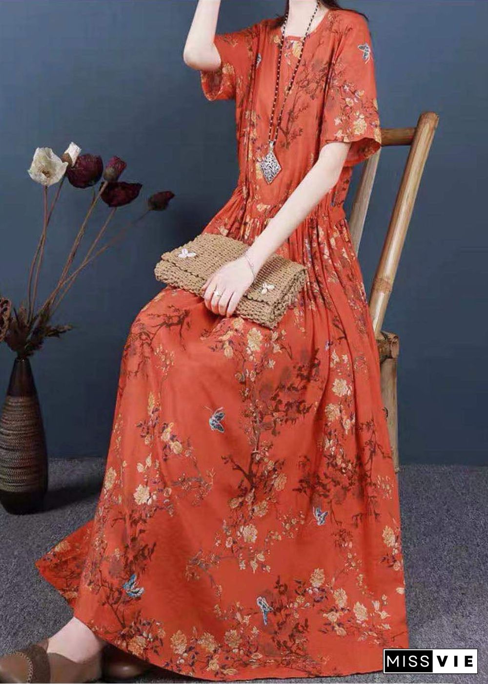 Women Orange Cinched Print Cotton Long Dress Short Sleeve