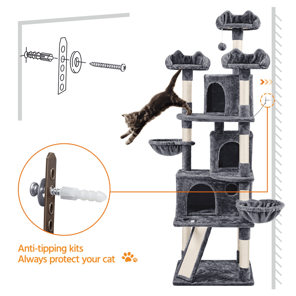 SMILE MART 76.5" Large Cat Tree Tower with 3 Condos Cozy Perches Dangling Ball, Dark Gray