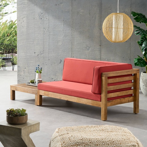 2pk Oana Outdoor Acacia Wood Right Arm Loveseat amp Coffee Table With Cushion Teak red Christopher Knight Home