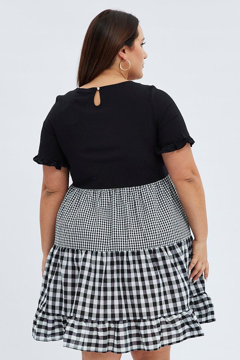 Black Check Mini Dress Short Sleeve Tiered