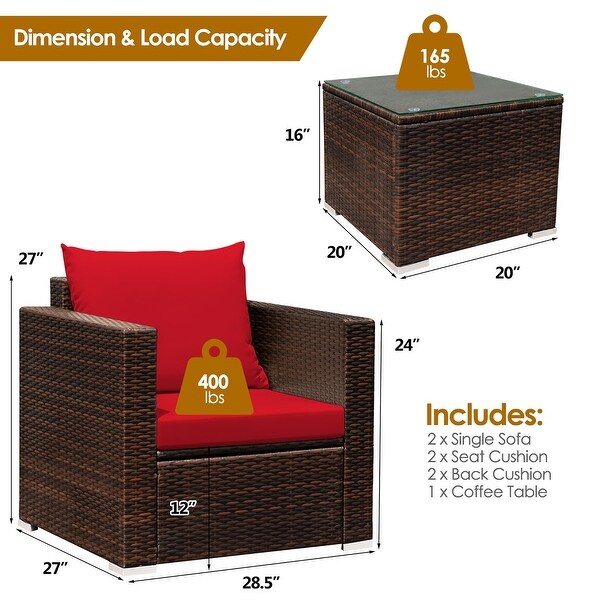 Costway 3PCS Patio Rattan Furniture Set Conversation Sofa Cushioned