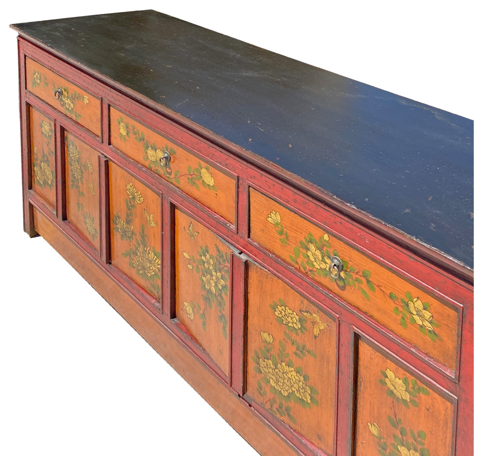 Chinese Tibetan Orange Red Yellow Flower Graphic Low TV Console Table Hcs7317   Asian   Console Tables   by Golden Lotus Antiques  Houzz