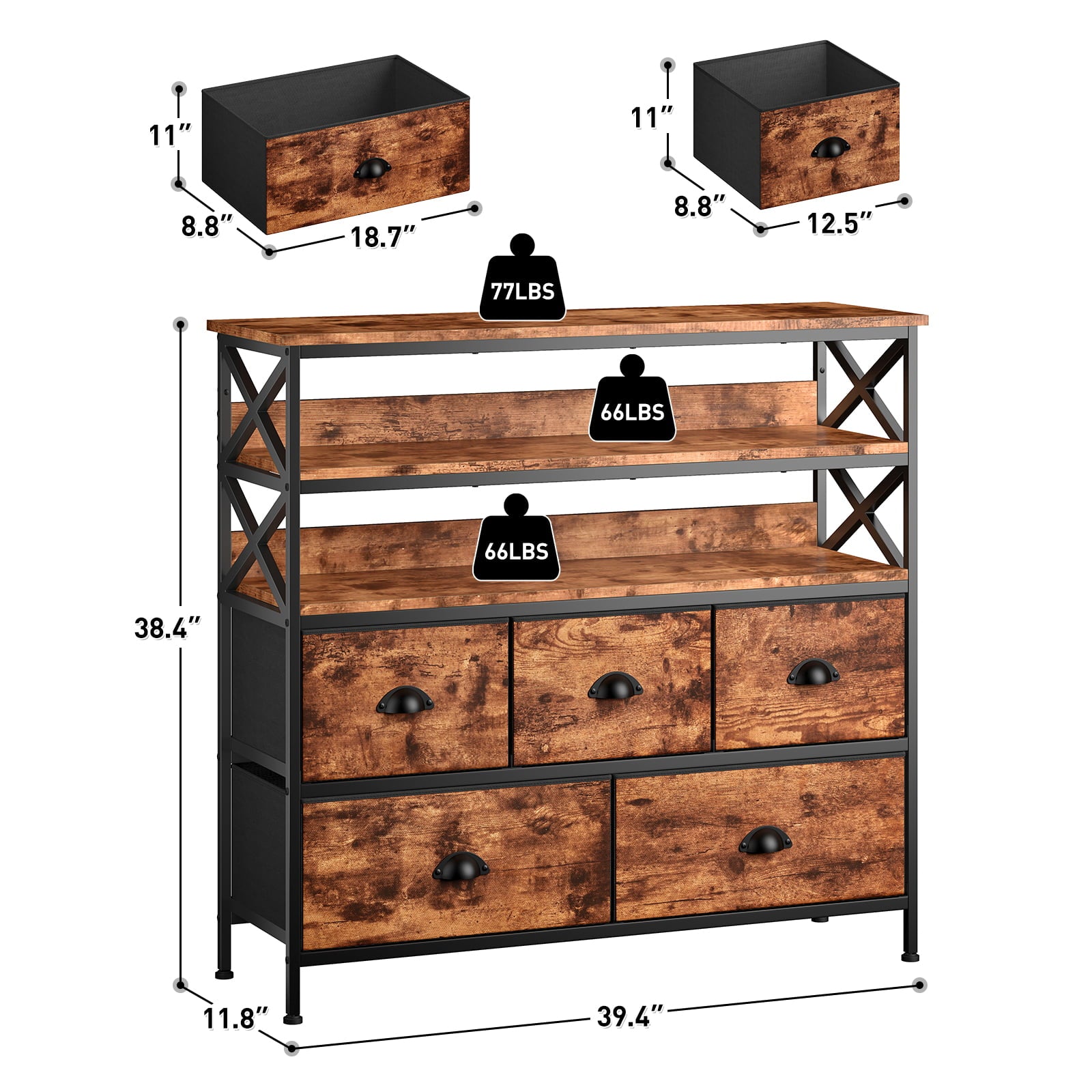 EnHomee Wide Dresser for Bedroom Tall TV Stand with Storage Fabric Double Dresser with 5 Drawers & Shelves Entertainment Center TV Dresser for Bedroom Living Room Closet Hallway, Rustic Brown