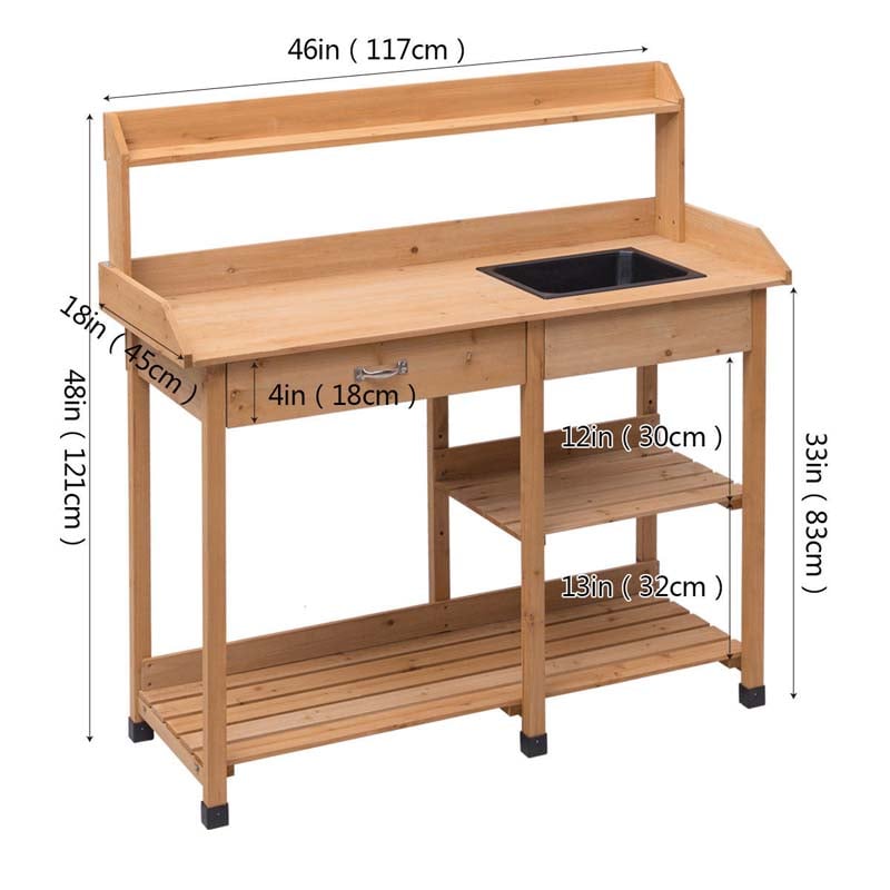 Outdoor Patio Potting Bench Table with Sink, Drawer, Shelves & Hooks, Fir Wood Garden Work Bench Workstation