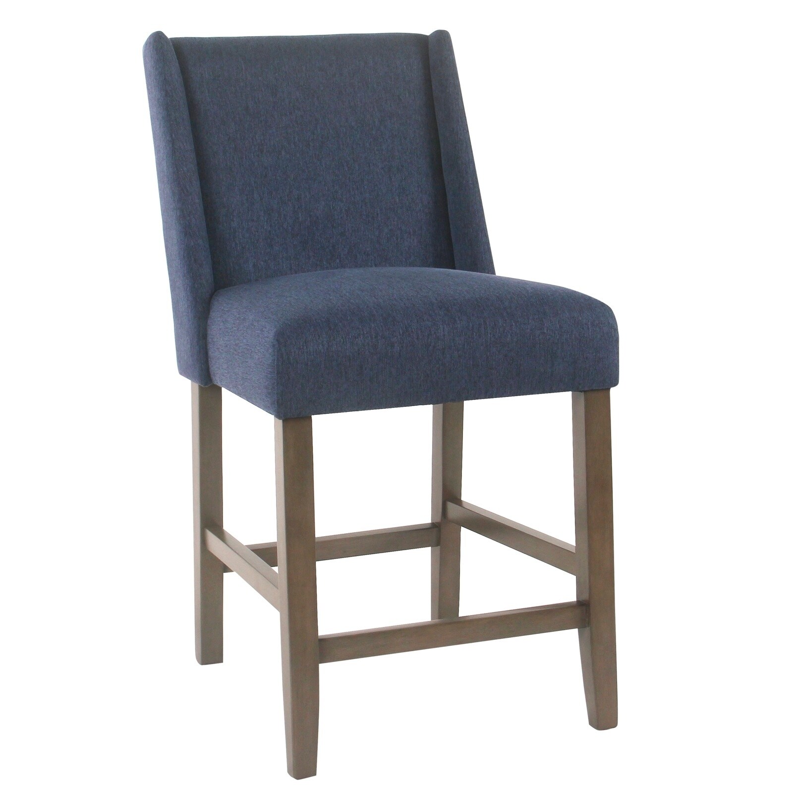 Fabric Upholstered Wooden Counter Stool with Curved Backrest and Cushion Seat， Navy Blue