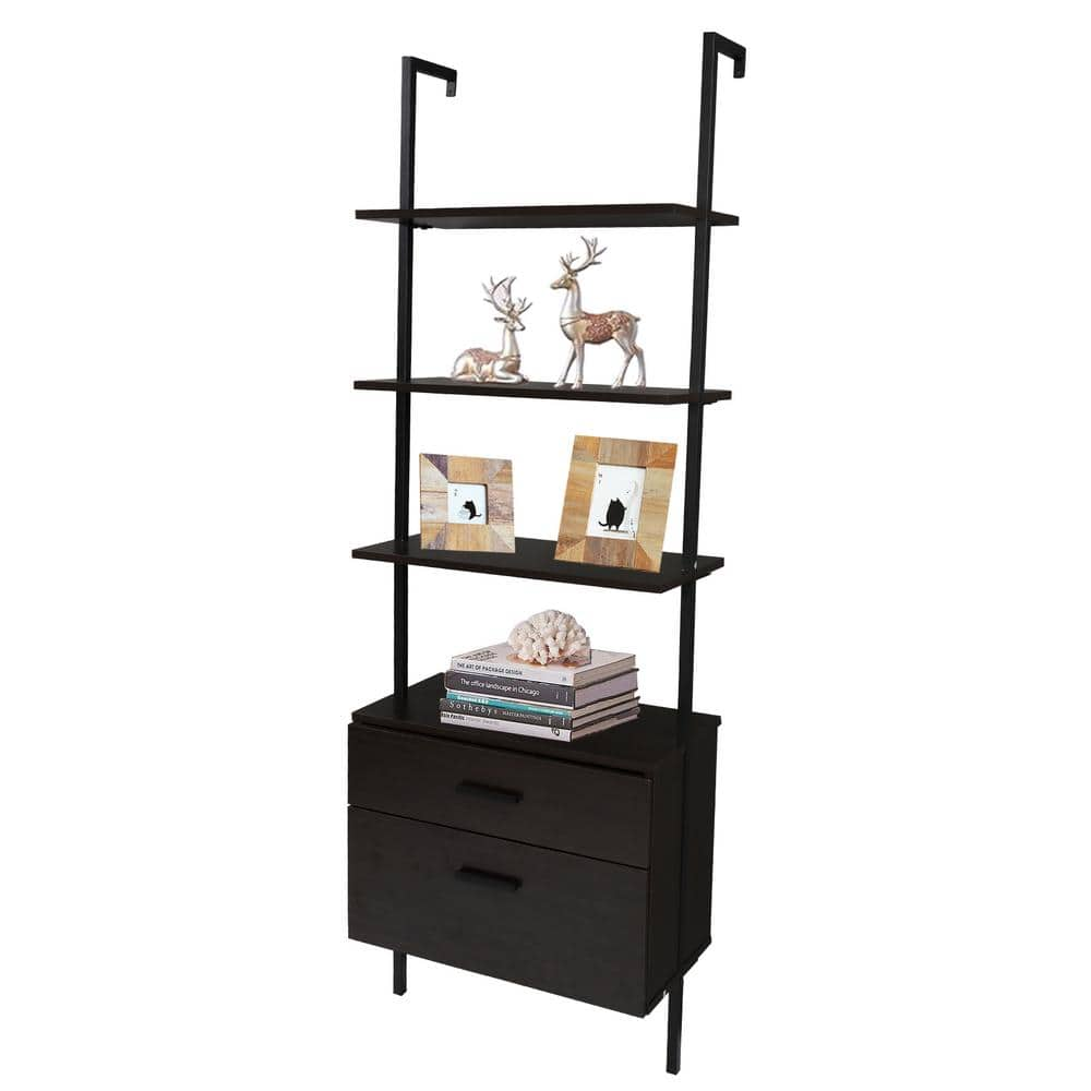 Outopee Industrial 72 in. Black MDF 5-Shelf Standard Bookcase with Wood Drawers 302992574119