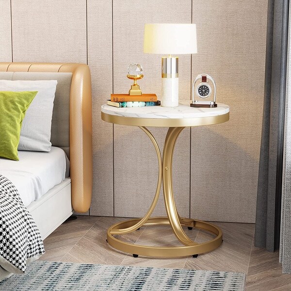 White/ Gold Modern Round End Side accent Table with Faux Marble Top， C Shaped Gold Legs Entryway Tables