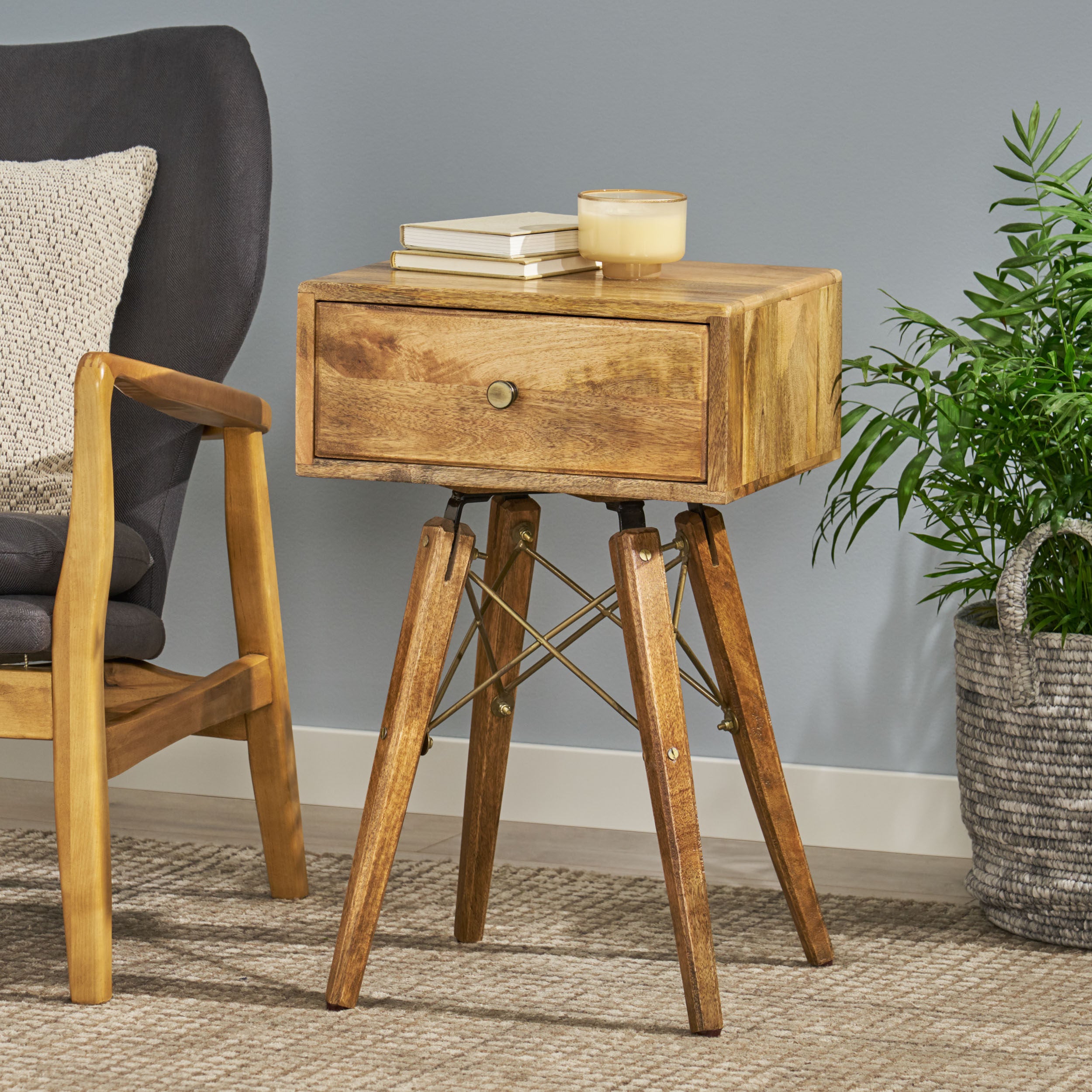 Maysville Lithonia Boho Handcrafted Mango Wood Side Table, Natural and Brass