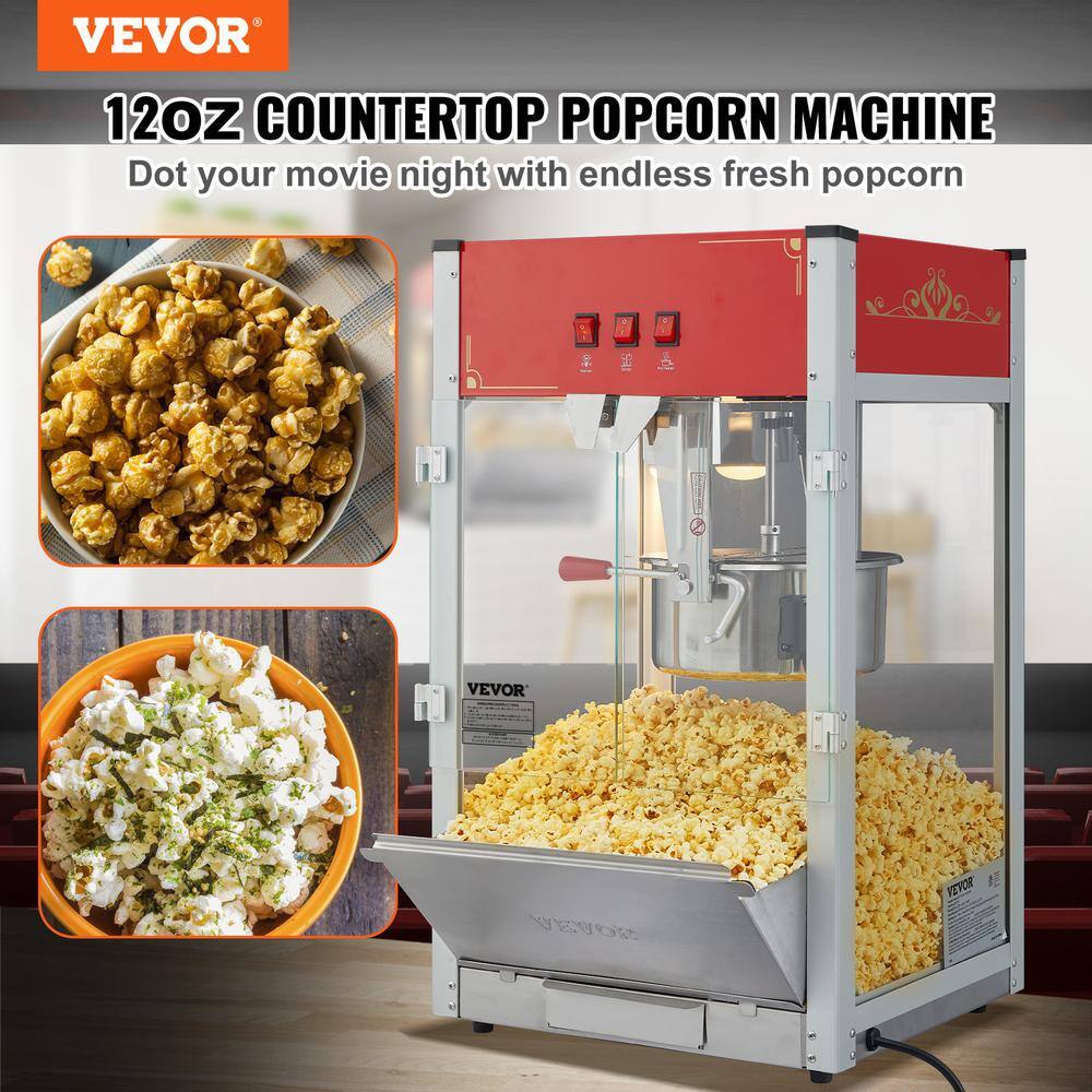 VEVOR 1440-Watt 12 oz. Red Countertop Popcorn Maker Kettle Commercial Popcorn Machine with 3-Switch Control TSBM12OZ1440WP6BRV1