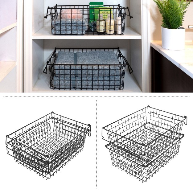 Home complete Set Of 2 Wire Storage Bins Shelf Organizers With Handles For Toy Kitchen Closet And Bathroom