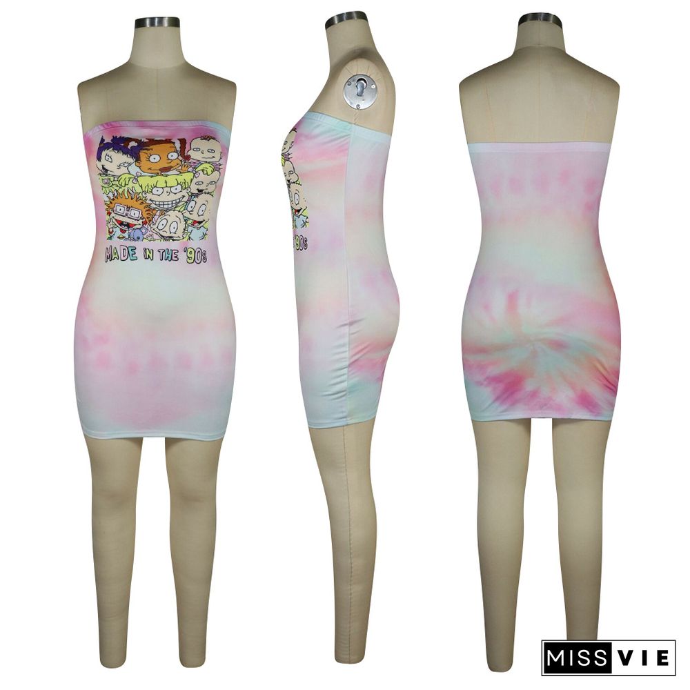 Cartoon Printed Wrap Chest Bodycon Nightclub Dress