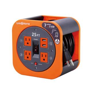 Link2Home 25 ft. 163 Extension Cord Storage Reel with 3 Grounded Outlets 2 USB 3.4 Amp and Overload Reset Button EM-EL-275E