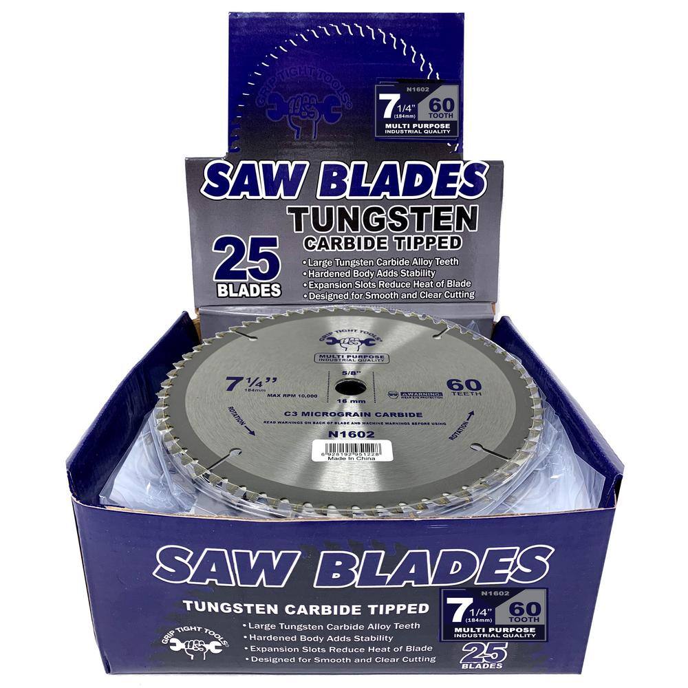 GRIP TIGHT TOOLS 7-14 in. Professional 60-Tooth Tungsten Carbide Tipped Circular Saw Blade for General Purpose  Wood Cutting (25-Pack) N1602-25