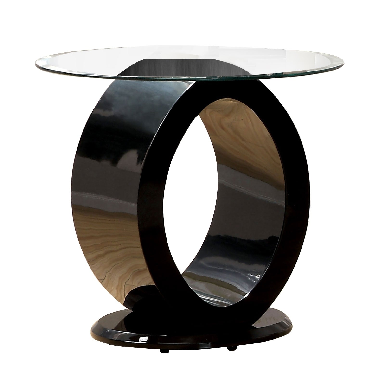 Contemporary Tempered Glass Top End Table with O Shape Base， Black