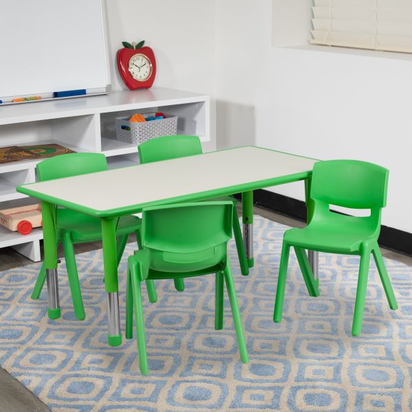 Flash Furniture 23.625''W x 47.25''L Adjustable Rectangular Green Plastic Activity Table Set with 4 School Stack Chairs