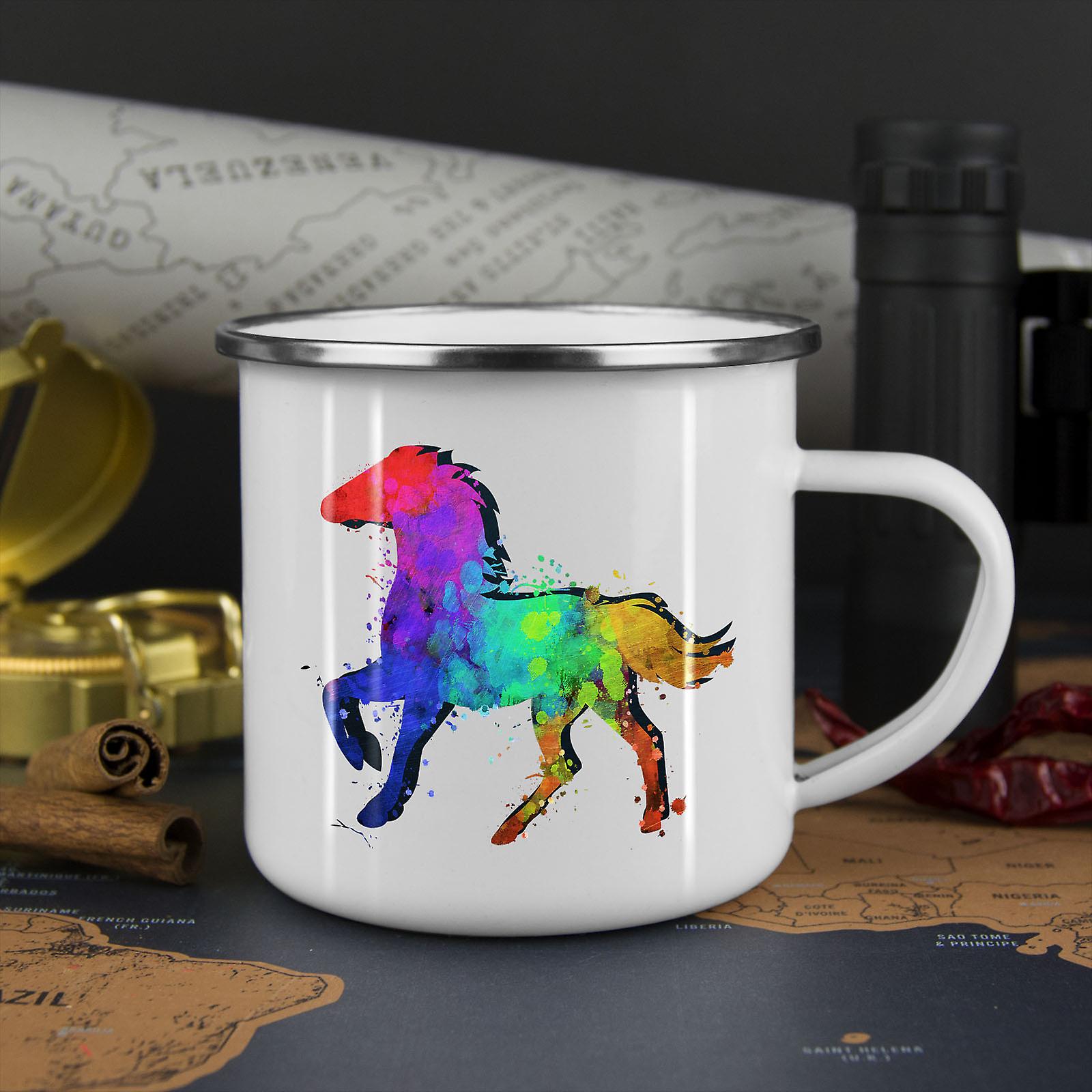 Splash Horse Paint NEW WhiteTea Coffee Enamel Mug10 oz | Wellcoda