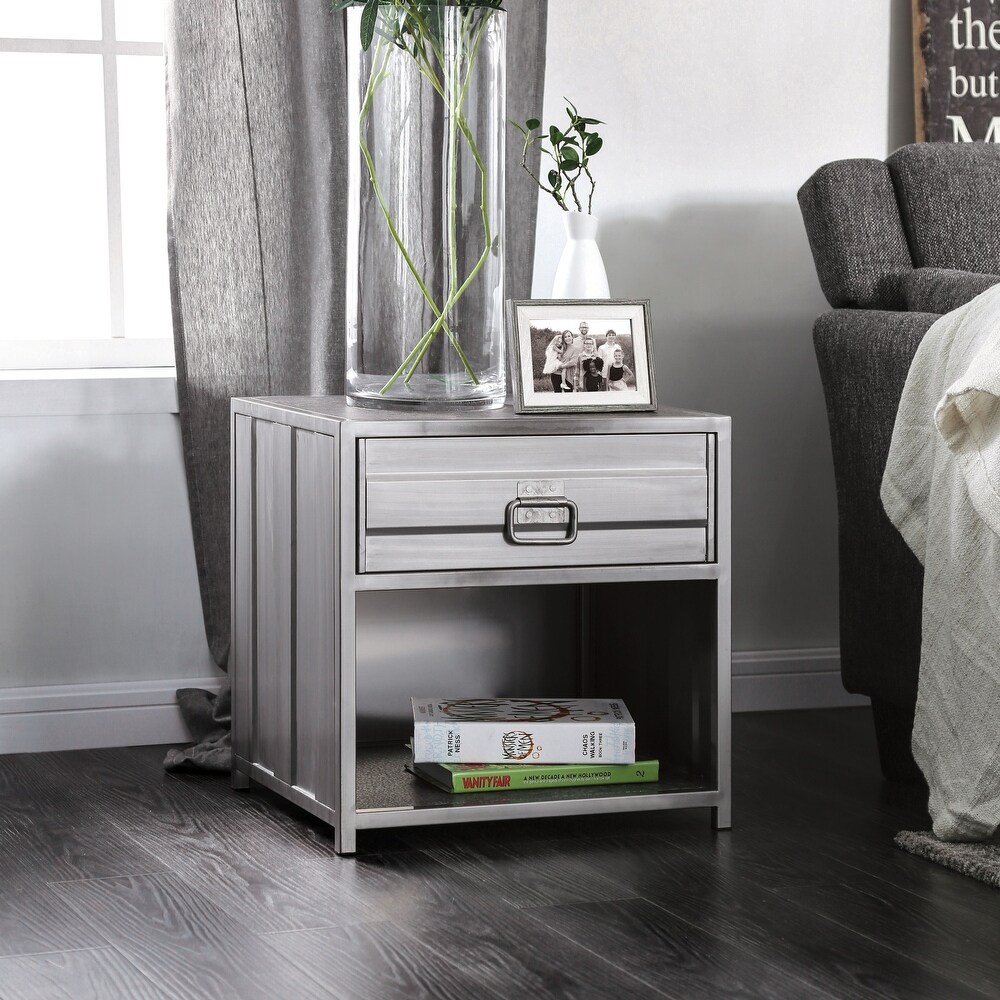 Woolf Industrial Silver Metal 1 Drawer Nightstand with USB Ports by Carbon Loft