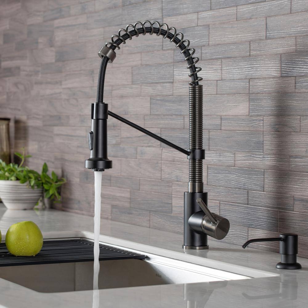 KRAUS Bolden Single-Handle Pull-Down Sprayer Kitchen Faucet with Deck Plate in Matte BlackBlack Stainless KPF-1610MBSB-DP03SB