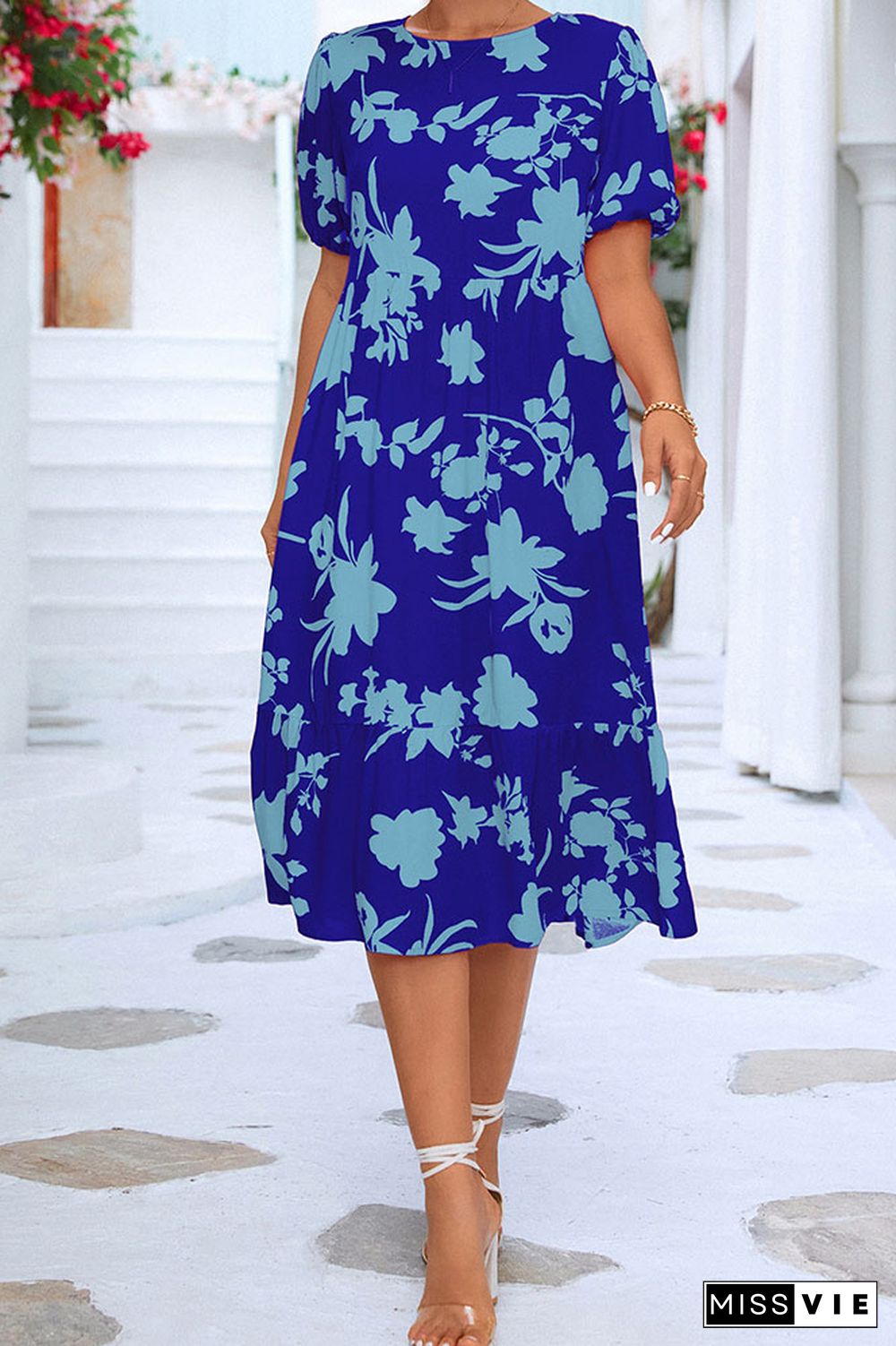 Round Neck Pleated Floral Midi Dress