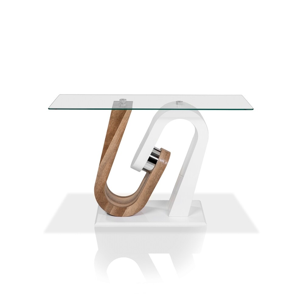 Tong Contemporary White and Natural Geometric Base 47 inch Glass Top Sofa Table by Strick   Bolton