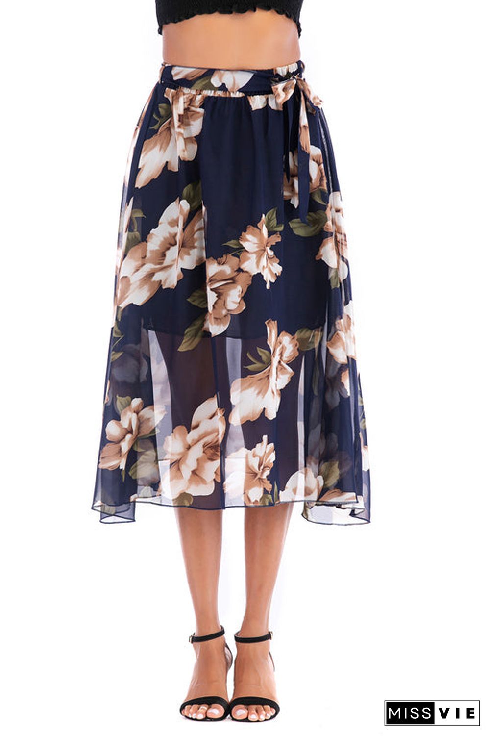 Elastic Waist Blue Floral Print Chiffon Skirt