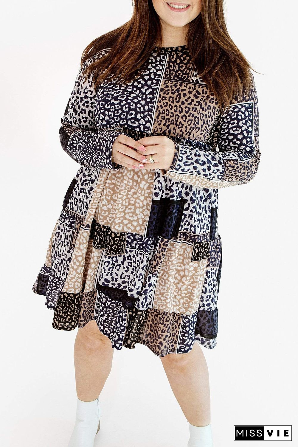 Plus Size Long Sleeve Mixed Leopard Dress