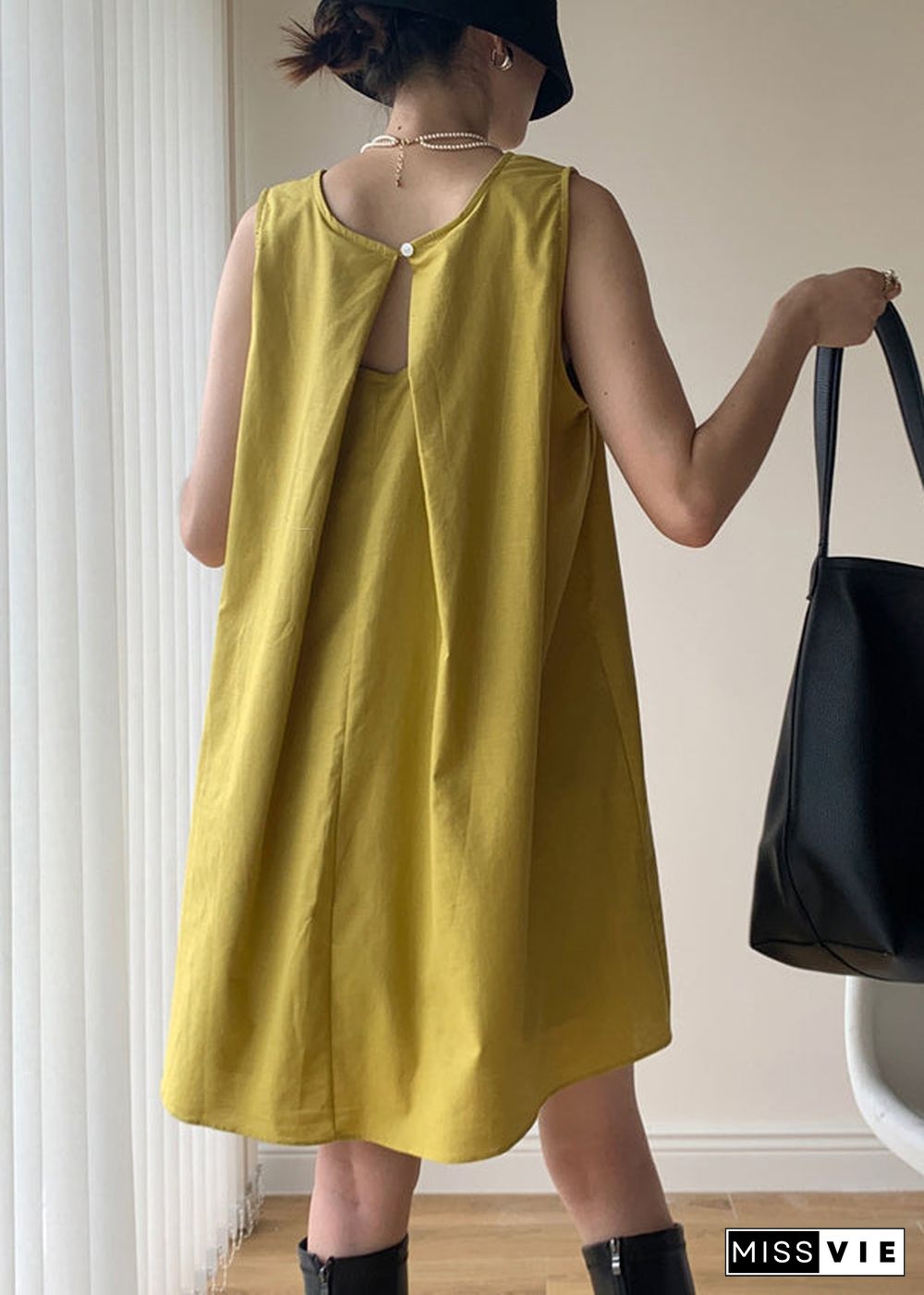 Casual Yellow O Neck Patchwork Cotton Mid Dresses Sleeveless