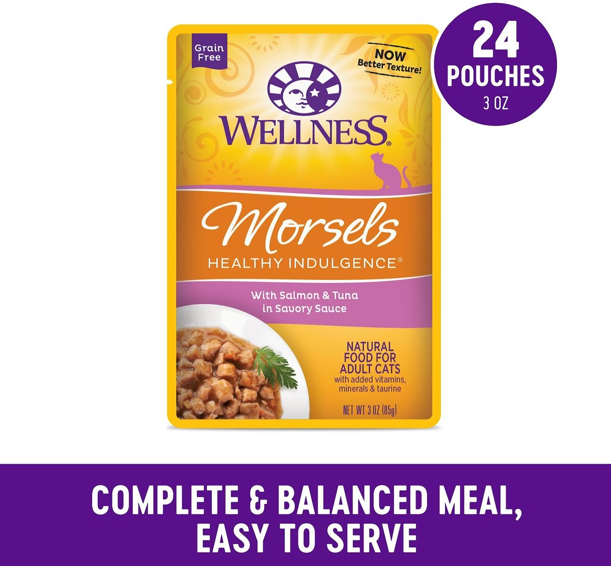 Wellness Healthy Indulgence Morsels with Salmon and Tuna in Savory Sauce Grain-Free Wet Cat Food Pouches， 3-oz， case of 24