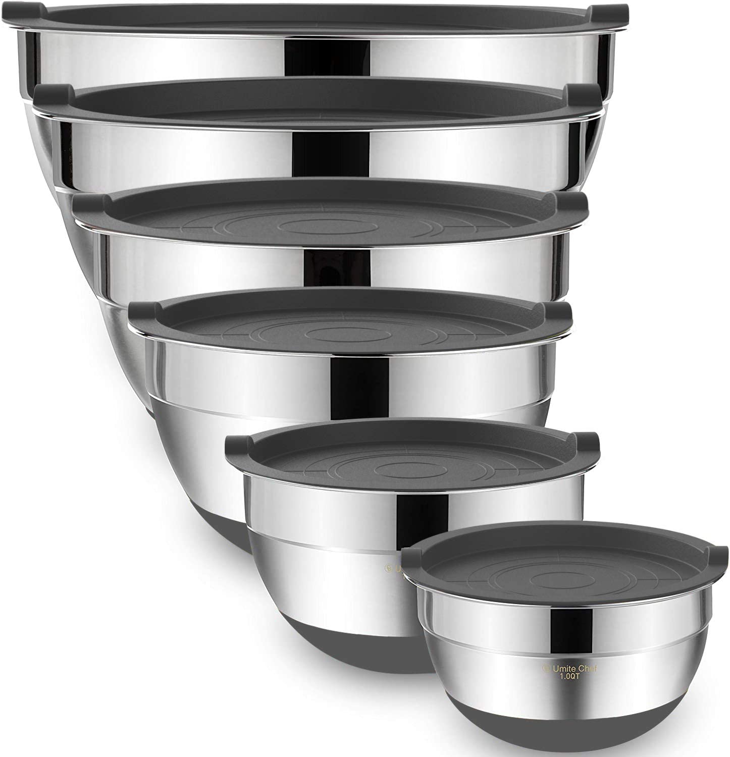 Chef Mixing Bowls with Airtight Lids 6 Piece Stainless Steel Metal Bowls, Measurement Marks & Colorful Non