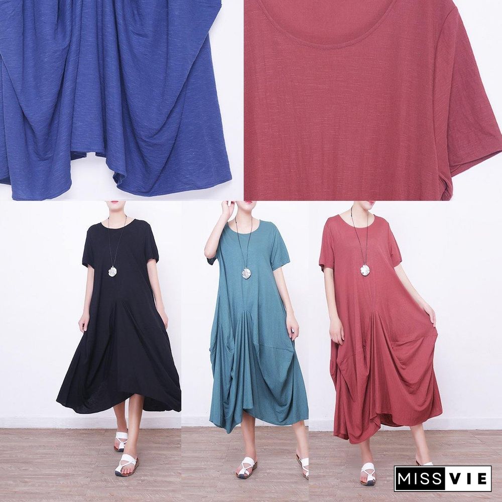 2018 red linen dress oversize short sleeve traveling dress vintage asymmetric maxi dresses