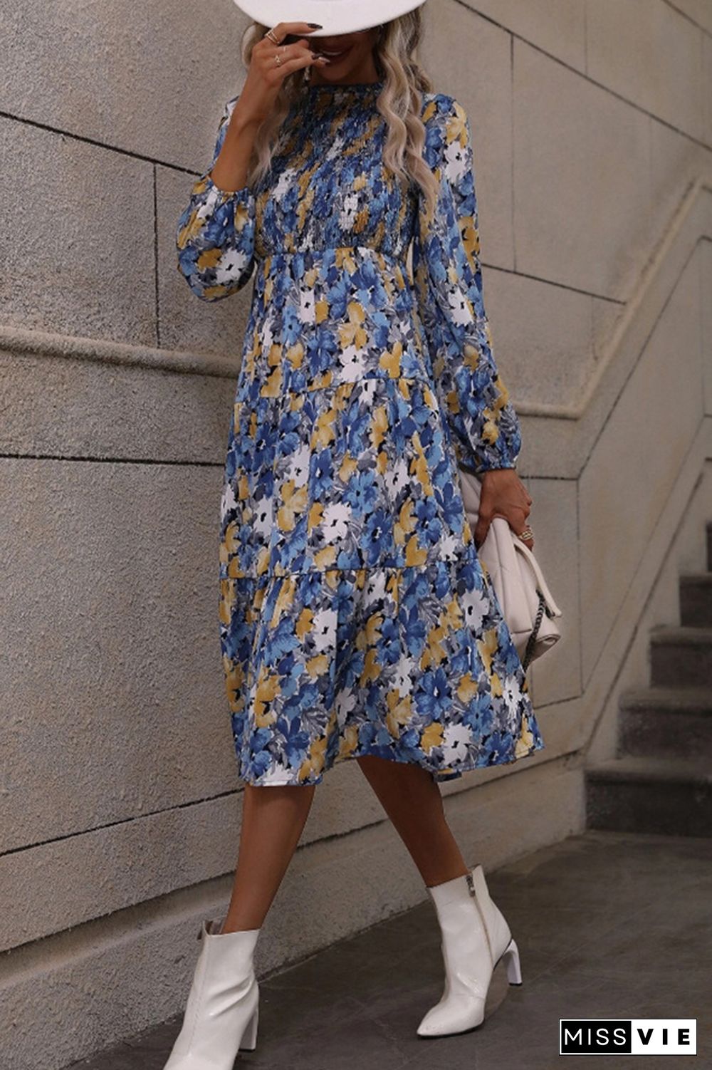 Elastic Waist Puff Sleeves Ruffle Printing Dress