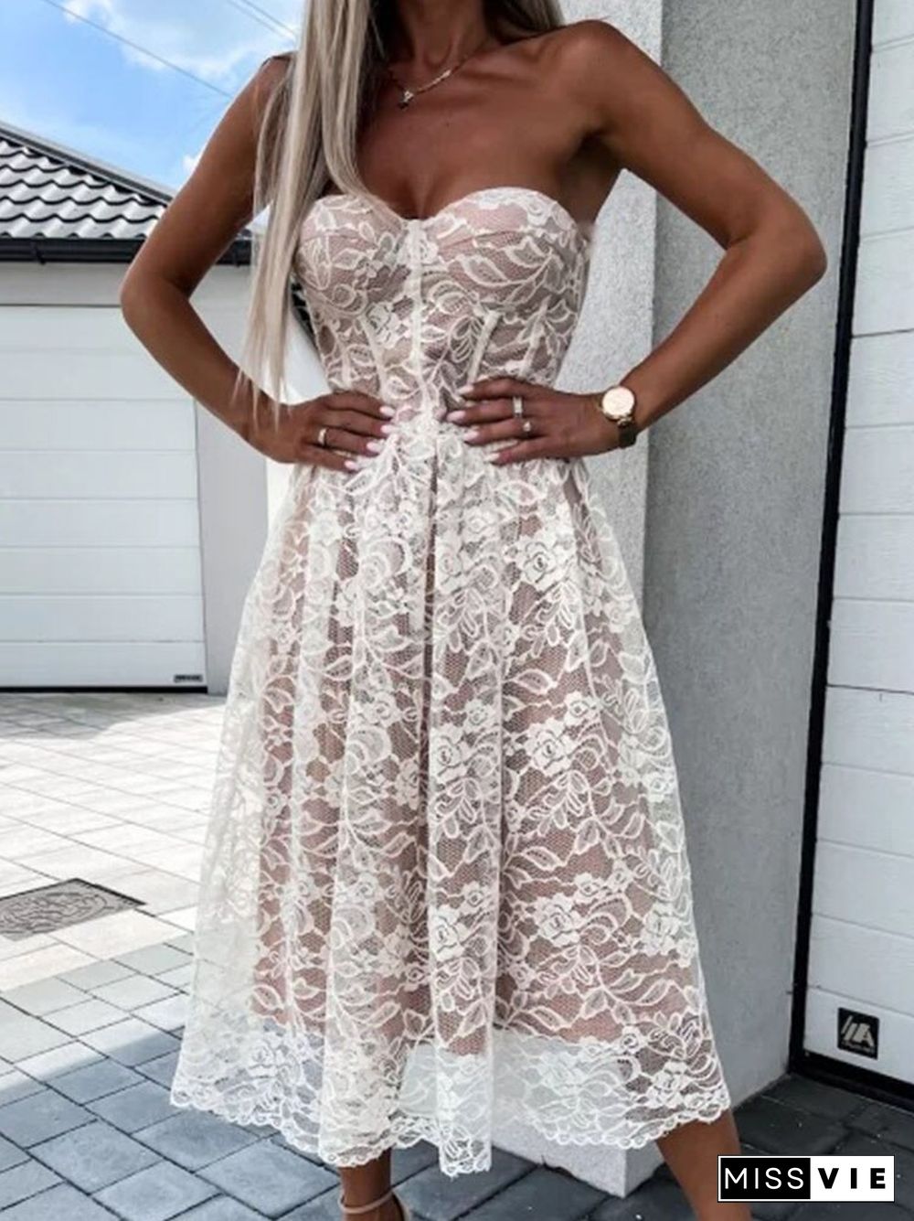 Elegant Floral Embroidery Lace Solid Long Dress Women Sexy Off Shoulder Strapless Waist Party Dress Fashion Backless Zip Dresses