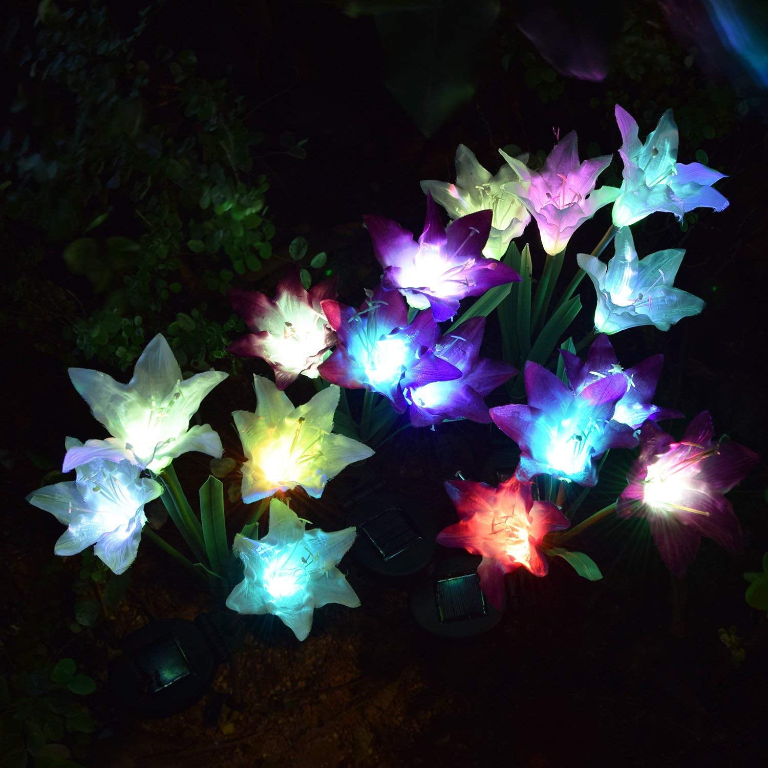 Outdoor Solar Garden Stake Lights - 2 Pack Solite Solar Powered Lights with 8 Lily Flower, Multi-color Changing LED Solar Stake Lights for Garden, Patio, Backyard (Purple and White)