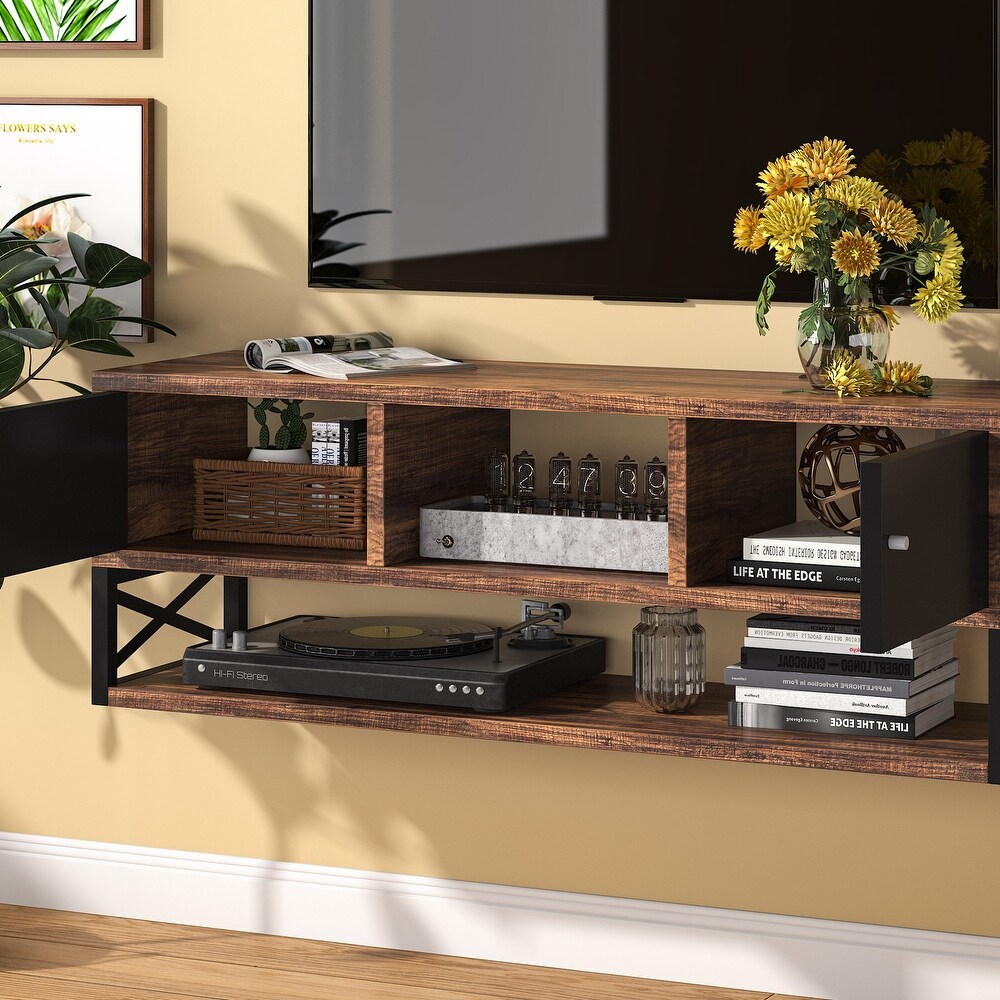 Retro TV Stand Storage Cabinet  Wall Mounted Media Table with Doors