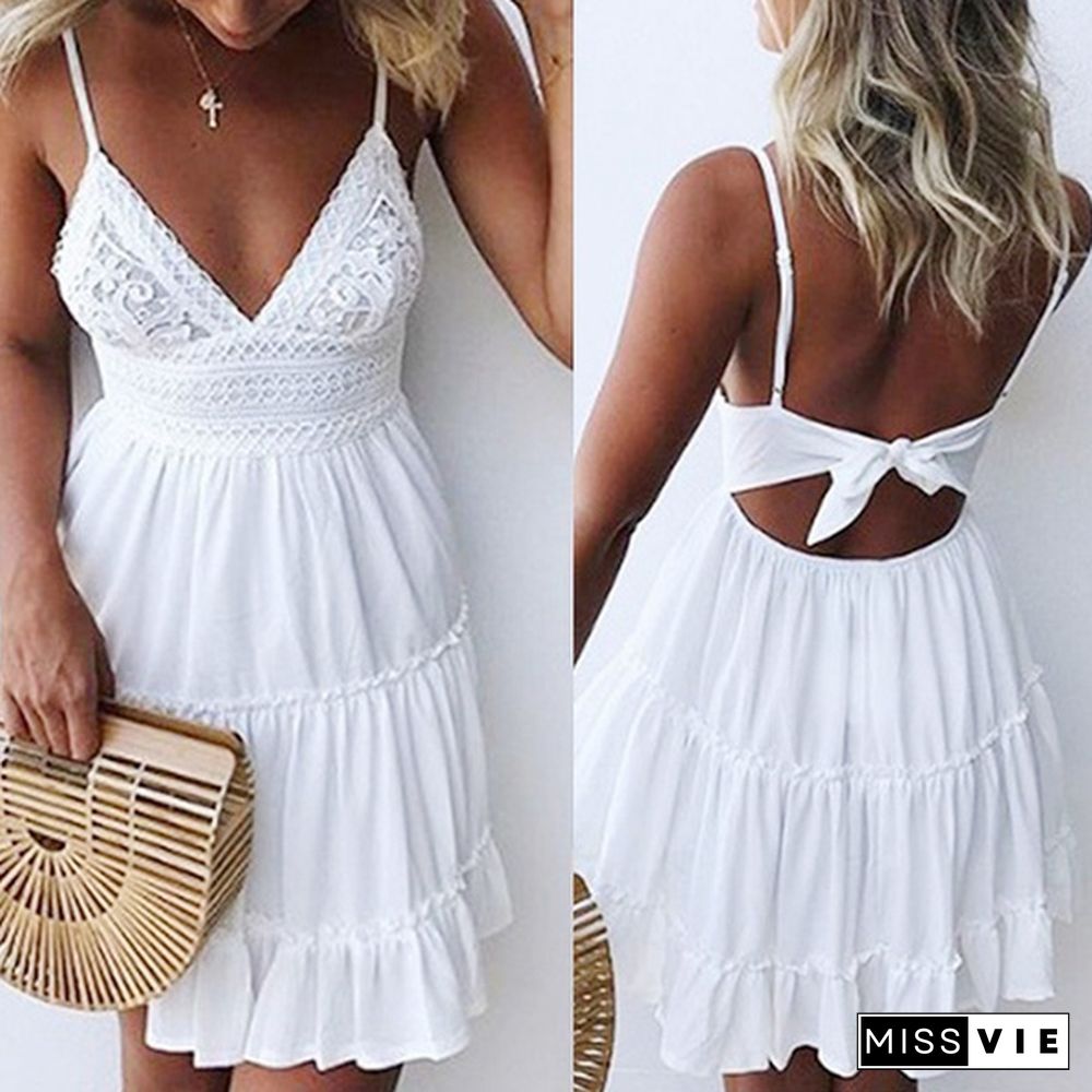 Women Summer Sleeveless V-neck Mini Dress Backless Lace Dress Beach Dresses White Dress Plus Size S-5XL