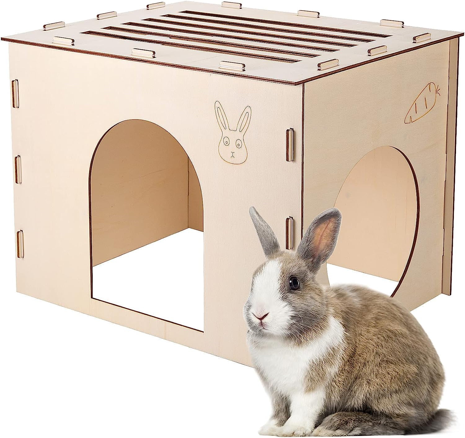 2023 New Style Wood Rabbit Hutch Indoor，Wood Rabbit Houses and Hideouts， Wooden Rabbit Castle Bunny Hideout for Indoor Bunnies Chinchilla， Hamsters and Guinea Pigs Hut to Hide