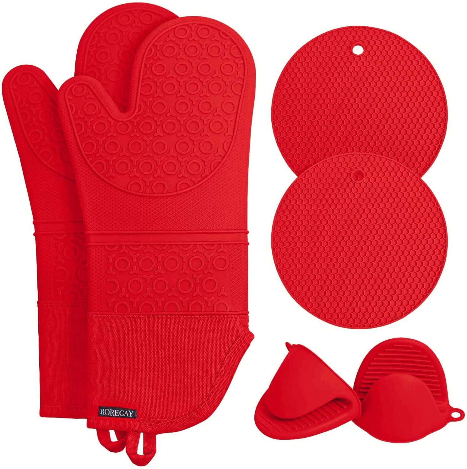 Extra Long Oven Mitts and Pot Holders Sets， RORECAY Silicone Oven Mitts Heat Resistant with Mini Oven Gloves and Hot Pads Pot Holders for Kitchen Baking Cooking Gloves Shows， Quilted Liner， Red， 6PCS