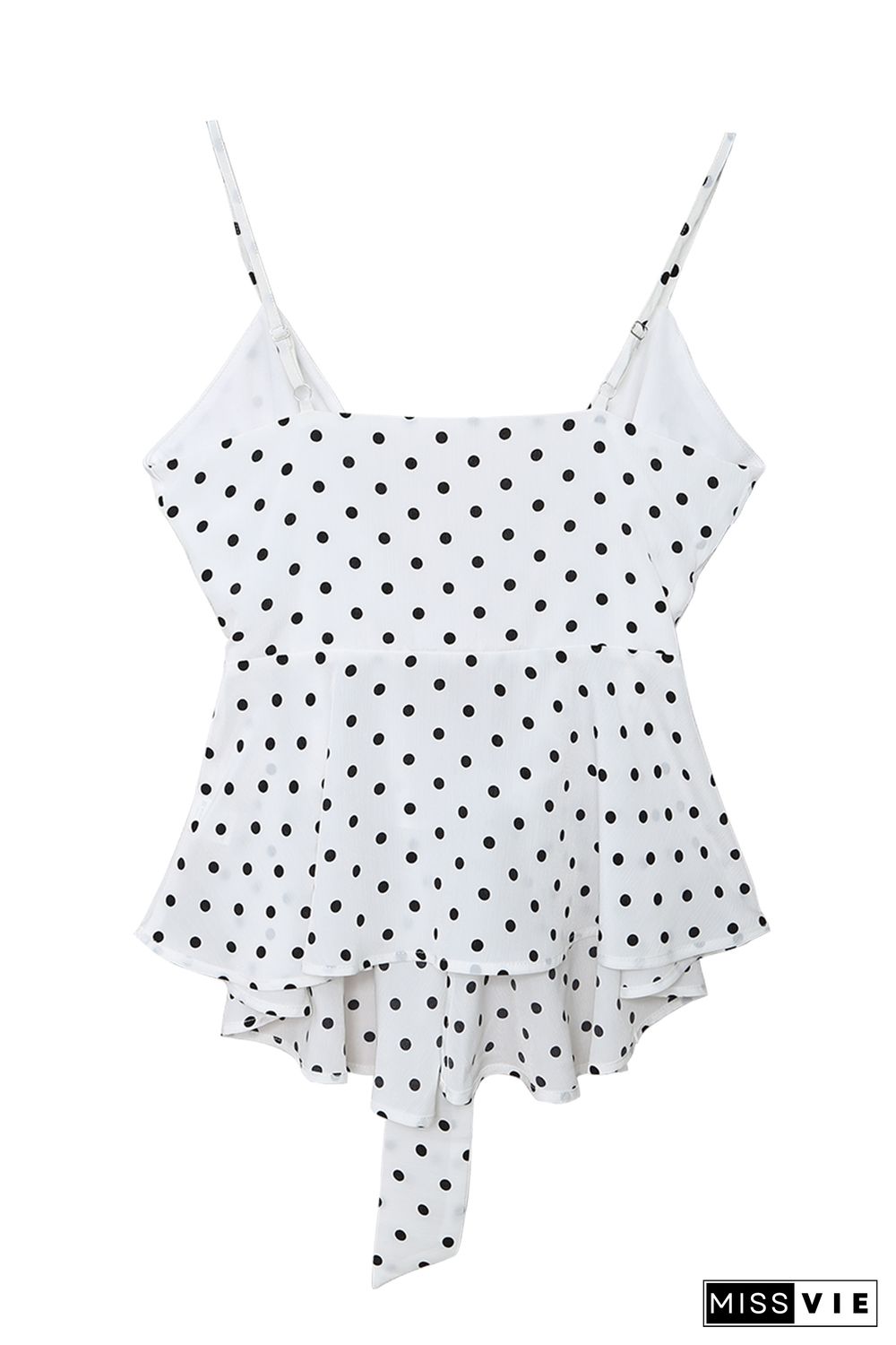 White Polka Dot Print Bow Knot Warp V Neck Cami Top