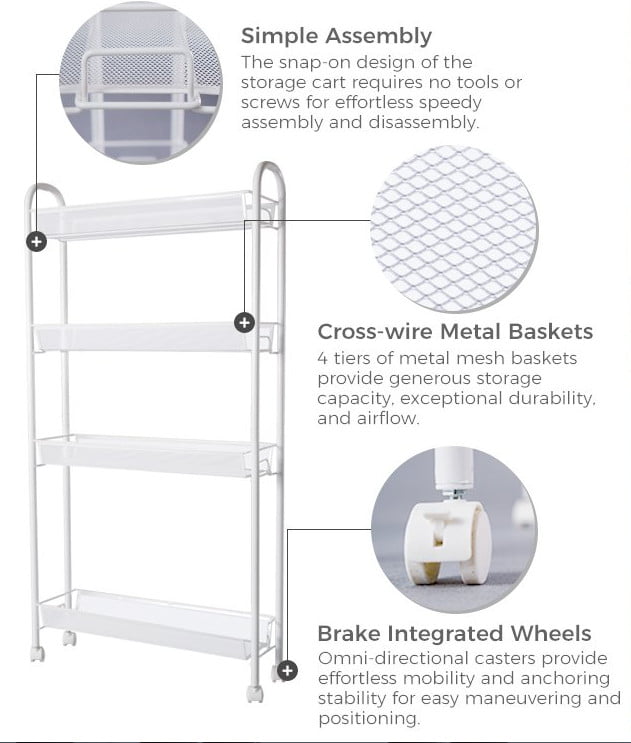 Zimtown 4-Tier Slim Rolling Cart， Kitchen Storage Organizer Mesh Wire Storage Carts with Lockable Wheels， White