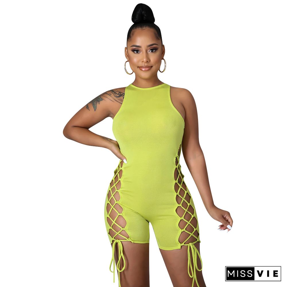 Sleeveless O Neck Hollow Out Bandage Bodycon Romper