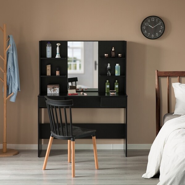 Modern Wooden Dressing Table with Drawer，Mirror and Shelves