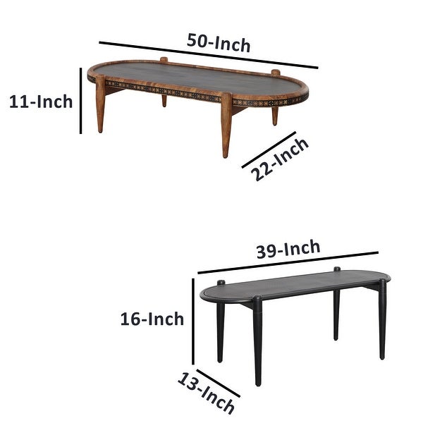 50， 39 Inch 2 Piece Oval Acacia Wood and Metal Nesting Coffee Table Set， Brown and Black