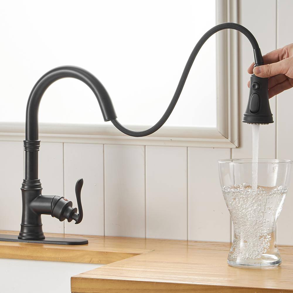 BWE Single-Handle Pull-Down Sprayer 3 Spray High Arc Kitchen Faucet With Deck Plate in Matte Black A-94551-Black