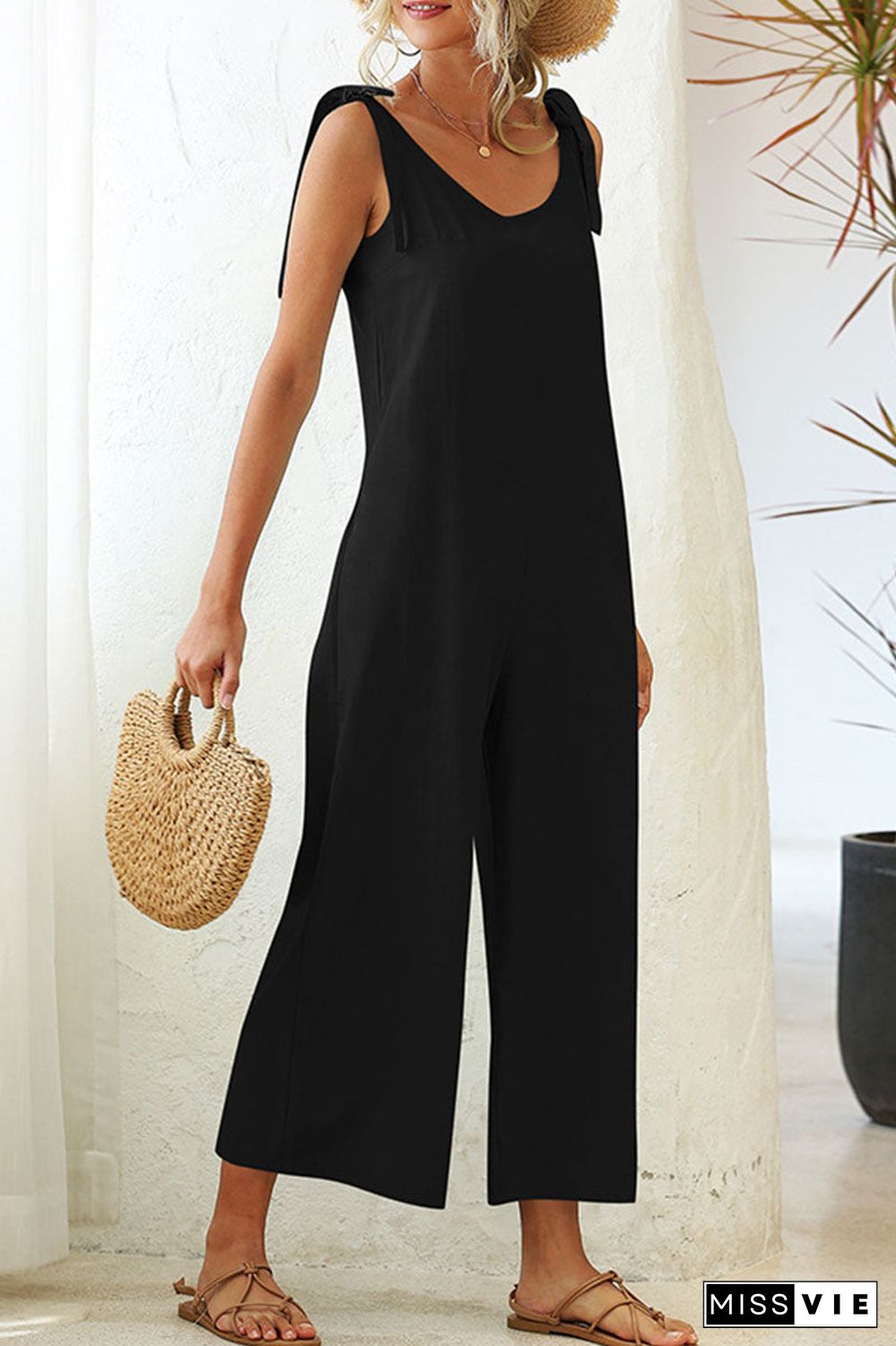 Fashion Casual Solid Frenulum O Neck Loose Jumpsuits