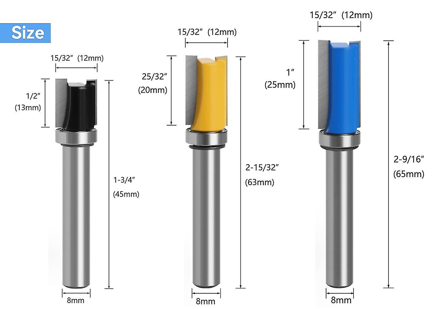 3pcs 8mm Carbide Mills With Top Bearings， Strong Profile Mills For Flat Carbide Milling Woodworking Diy Cuts